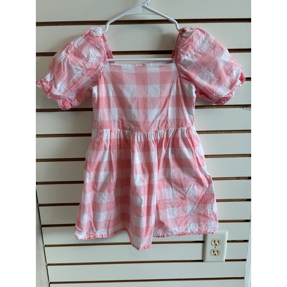 Janie and Jack Girls Pink Gingham Puff Sleeve Dress Size 6 Cotton Square Neck